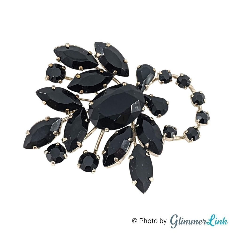 Vintage Western Germany Black Rhinestones Floral Spray Silver Tone Mid Cent